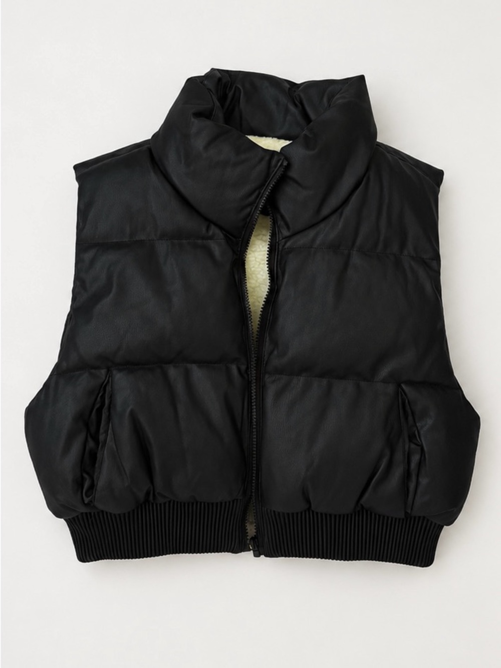 Women's Black Puffer Vest with Sherpa Trim
